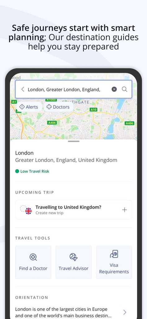 A mobile app screen showing a destination guide for London including a map, travel risk assessment, and quick links to find a doctor or check visa requirements.