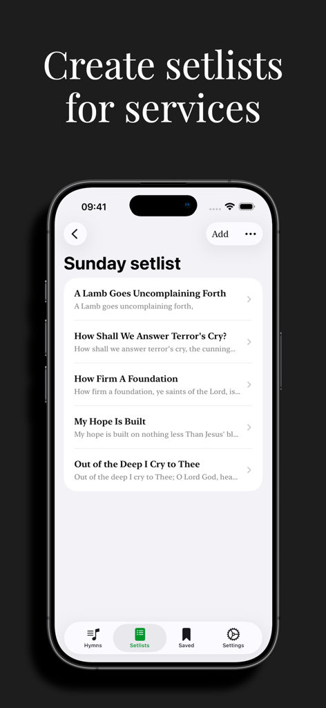 Hymns: Hymn Book - Smartphone screen showing a Sunday setlist for church services within the Hymns app.