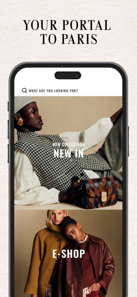 Sezane Fashion & Leather Goods - Pantalla de inicio de la aplicación móvil Sezane que muestra la nueva colección de moda y la tienda electrónica