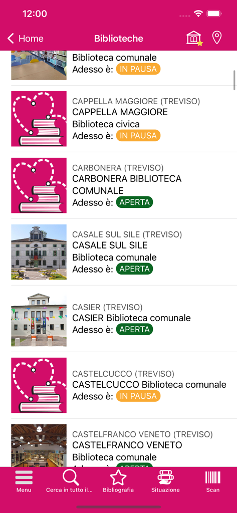 TVB - Schermata dell'app mobile che visualizza un elenco di biblioteche di Treviso con il loro stato di apertura e le foto delle sedi.