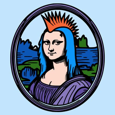 leonardo da vinci's "mona lisa" with punk hairstyle, realistic, thin borders