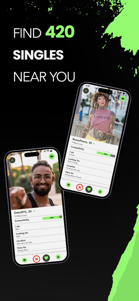 Two smartphones displaying user profiles of local singles on the Blazr 420 cannabis dating app interface.