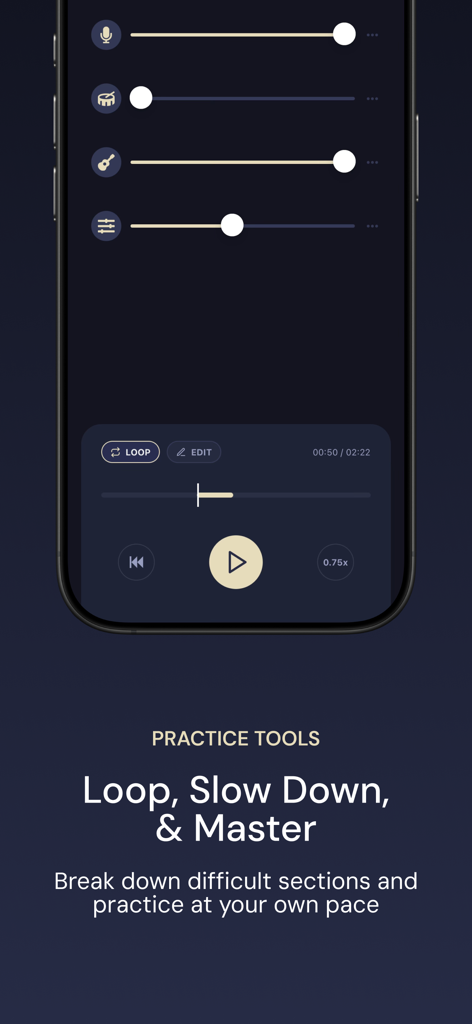Interfaz del Diario de Práctica Musical que muestra deslizadores de aislamiento de instrumentos y controles de reproducción para reproducir en bucle y ralentizar canciones.