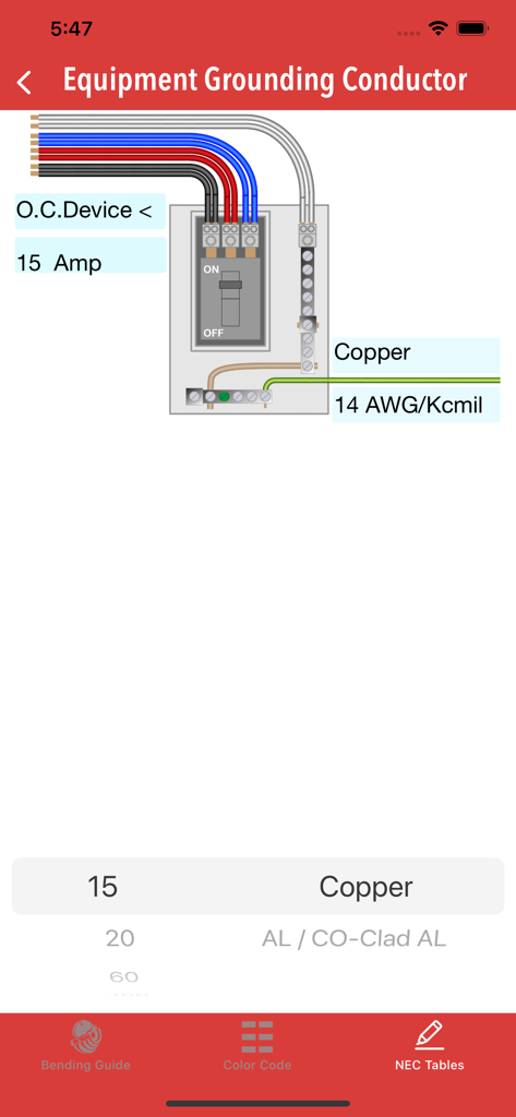 Base Electrician Tools - Equipment grounding conductor sizing interface in the Base Electrician Tools app showing wire color codes and NEC table calculations.