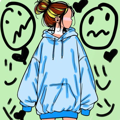 realistic girl with a oversized sweatshirt on and a bun