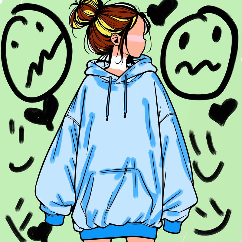 realistic girl with a oversized sweatshirt on and a bun