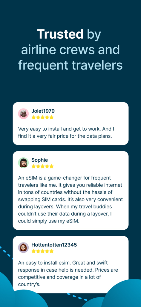 StaffTraveler eSIM - Positive 5 star user reviews and testimonials for the StaffTraveler eSIM app