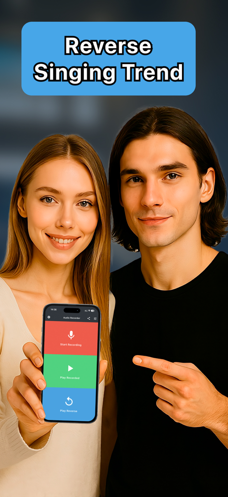 A young man and woman holding a smartphone displaying the Reverse Audio app interface for a singing trend challenge.