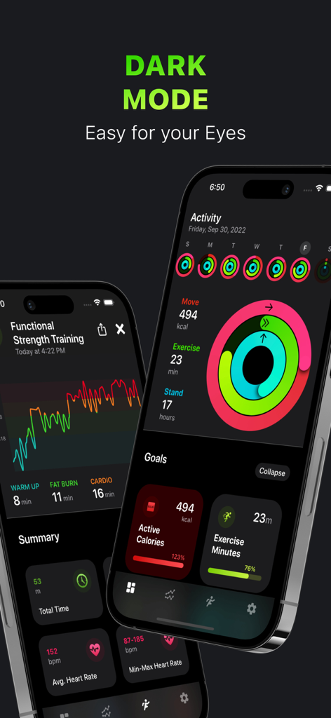 Activity Tracker・FitnessView - FitnessView mobile app interface in dark mode showing activity rings and health statistics