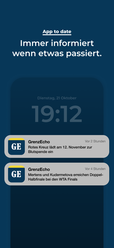 GrenzEcho App - Um ecrã de bloqueio de smartphone a mostrar alertas de notícias e notificações push da aplicação GrenzEcho em alemão.