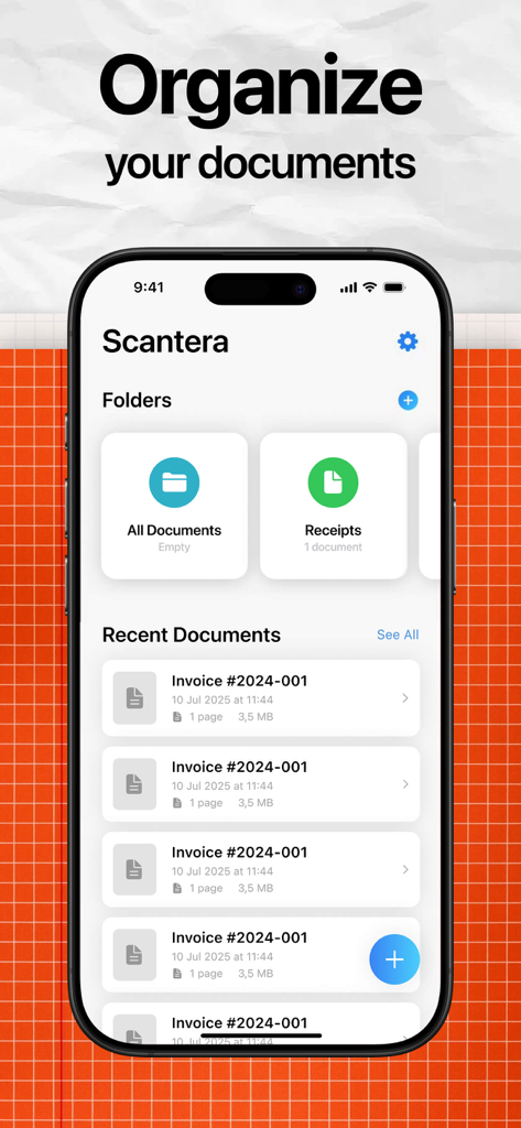 Lens - PDF Scanner and Editor - ドキュメントフォルダと最近スキャンした請求書のリストを表示するLens PDFスキャナーアプリのインターフェース