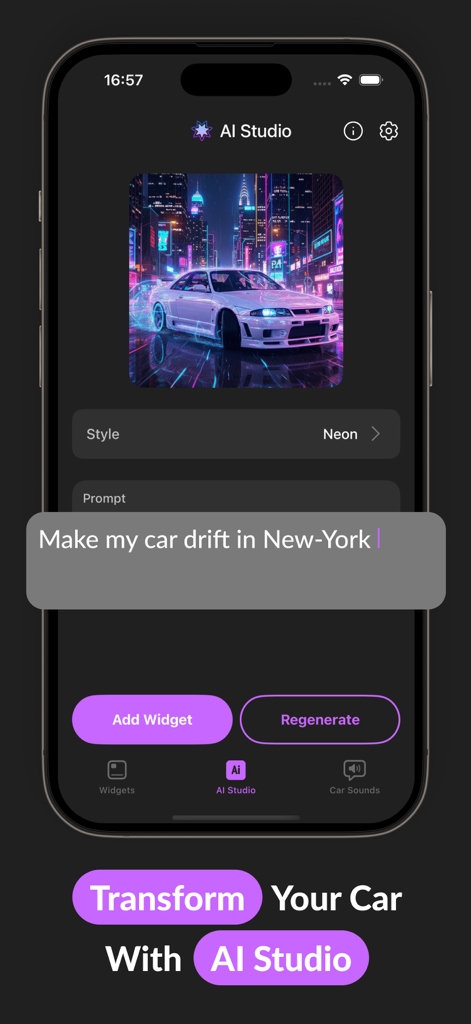 Car Widgets app AI Studio screen showing a generated neon car drifting in New York