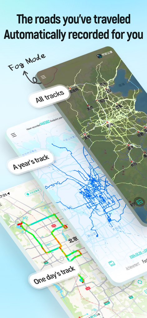 FootPrint-Record travel track - App interface showing automatic travel track recording on maps with daily and yearly views