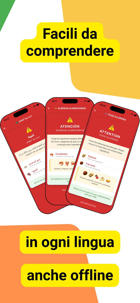 AllergiApp - Capturas de tela móveis do AllergiApp exibindo cartões de alergia alimentar em árabe, espanhol e inglês com ícones visuais