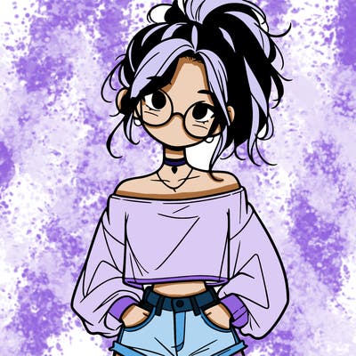 girl with a messy ponytail glasses a baggy crop top and jean shorts