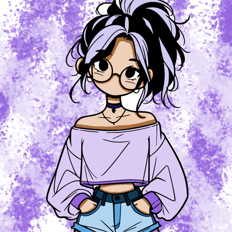 girl with a messy ponytail glasses a baggy crop top and jean shorts