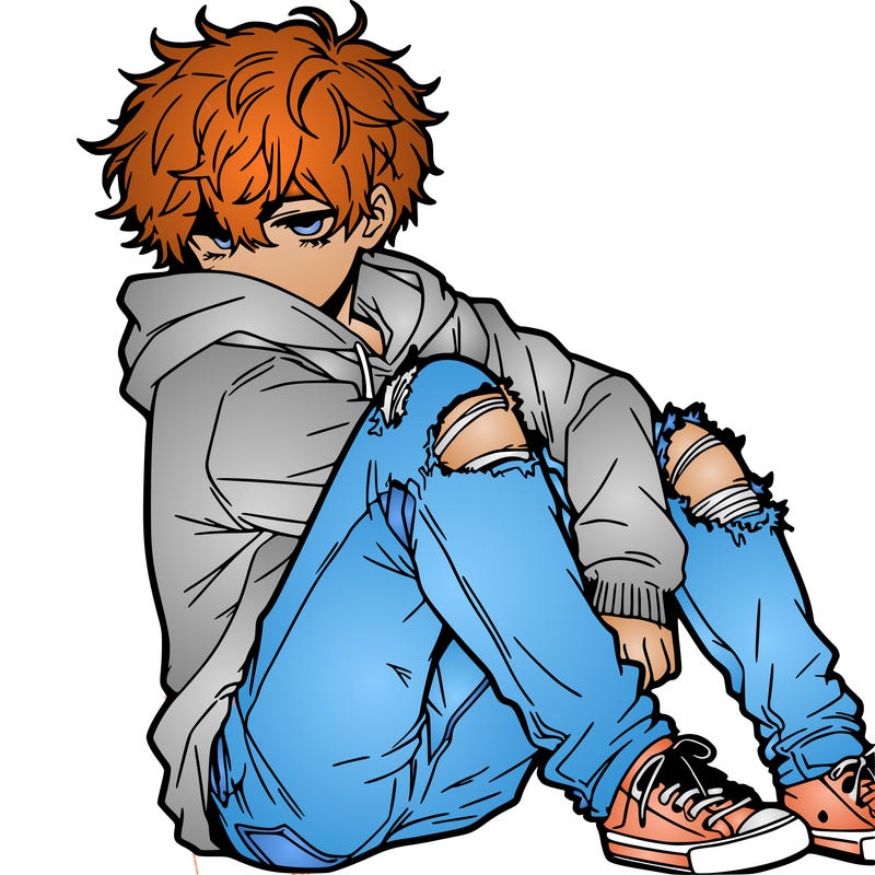 a male hoddie ripped jeans messy hair anime