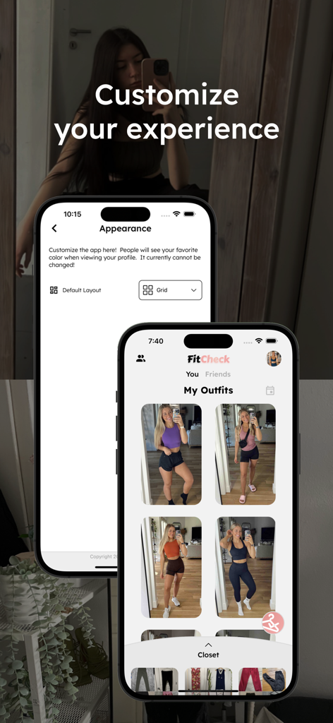 FitCheck: Outfit of the Day - FitCheck 앱 인터페이스, 모양 설정 및 저장된 의상 사진 그리드 표시