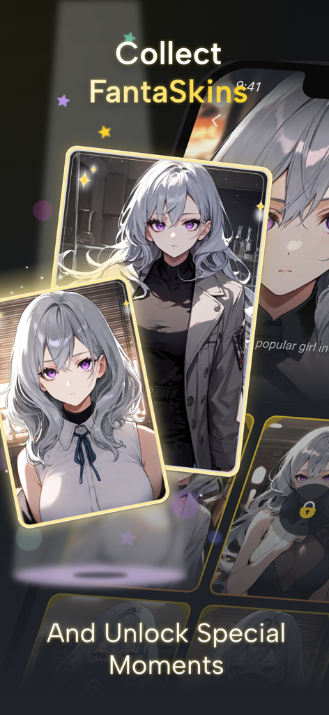 Une collection de cartes de personnages d'anime dans l'application Fantasia AI présentant des FantaSkins et des moments spéciaux.