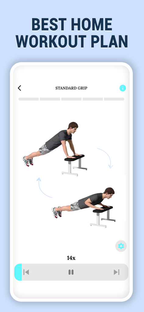 Chest Workout for Men at Home - Interfaz de una aplicación que muestra a un hombre realizando ejercicios de pecho con un agarre estándar