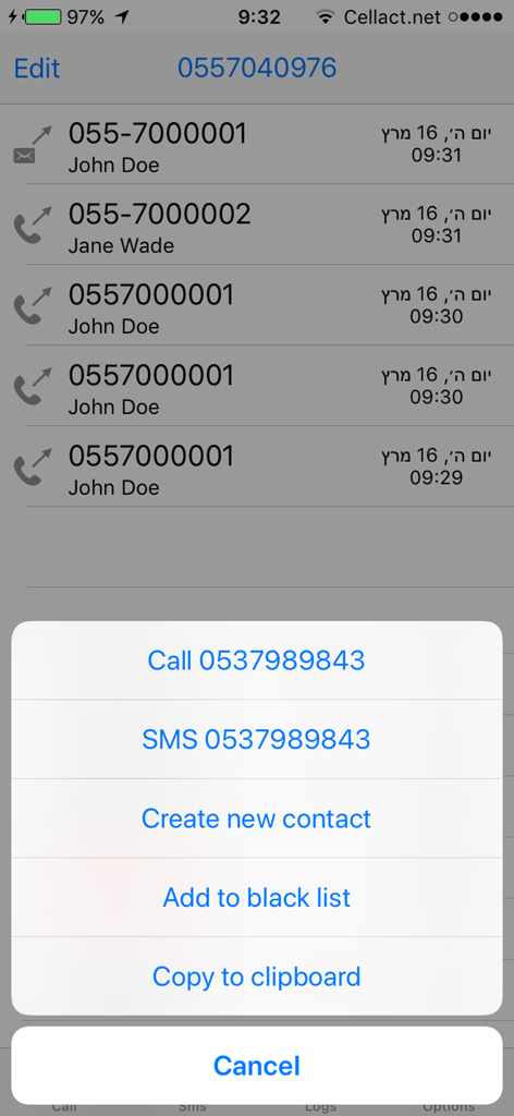 Secnum - Pantalla del registro de llamadas de la aplicación móvil Secnum con números de teléfono israelíes y menú de acciones de contacto