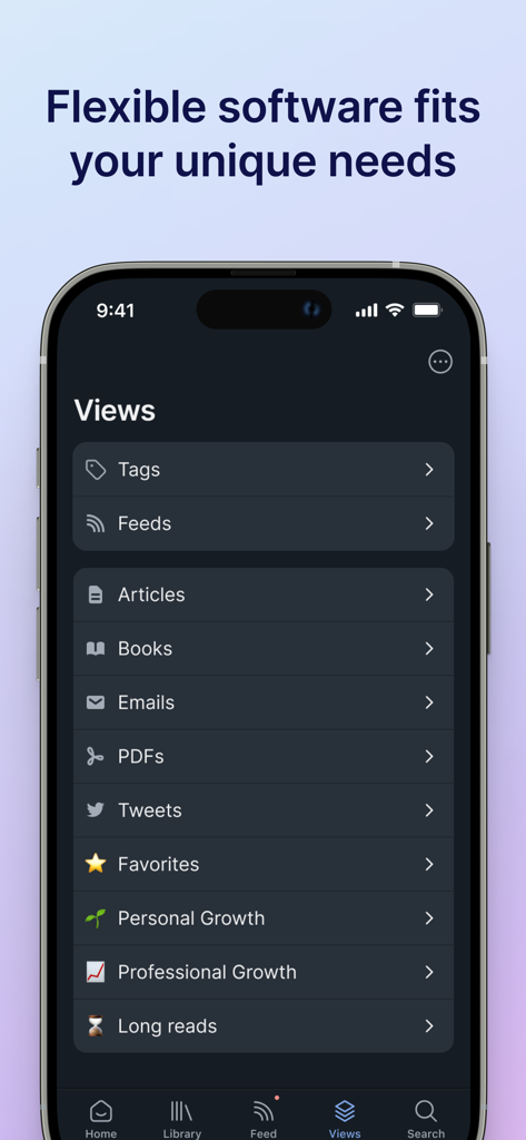 Readwise Readerアプリのインターフェース。記事、書籍、メール、自己啓発カテゴリの整理されたコンテンツビューが表示されている。