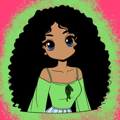 a black anime girl with long afro hair