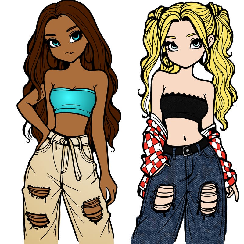 2 girls in crop tops and baggy jeans ripped