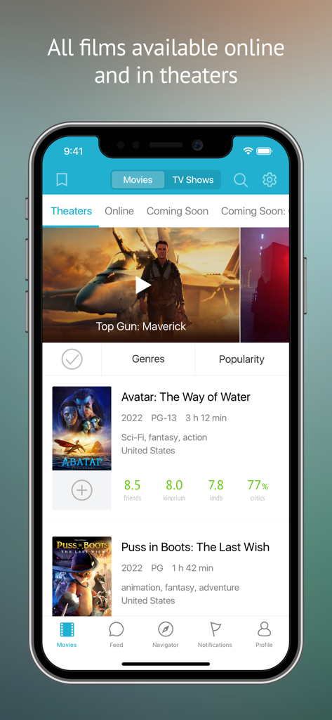 Kinorium: All movies and shows - Interfaccia dell'app Kinorium che mostra un elenco di film al cinema e online, inclusi Avatar e Il Gatto con gli Stivali con valutazioni dagli amici e da IMDb.