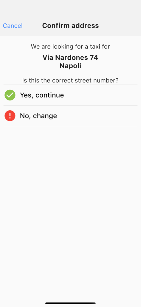 GOXGO - Schermata dell'app GOXGO per la conferma dell'indirizzo di prelievo del taxi a Napoli