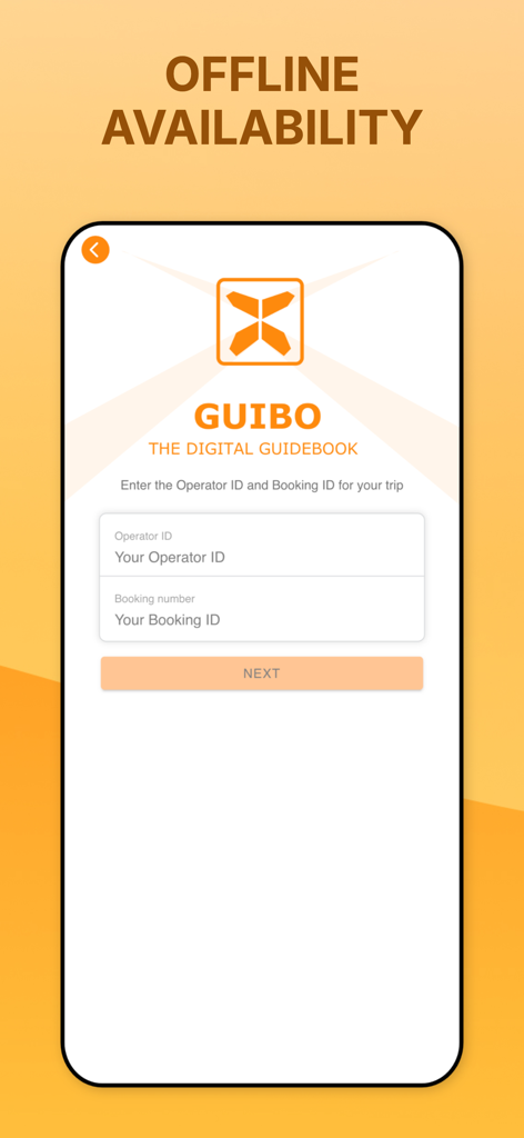 GUIBO - Tela do aplicativo GUIBO para inserir IDs do operador turístico e de reserva para acesso offline