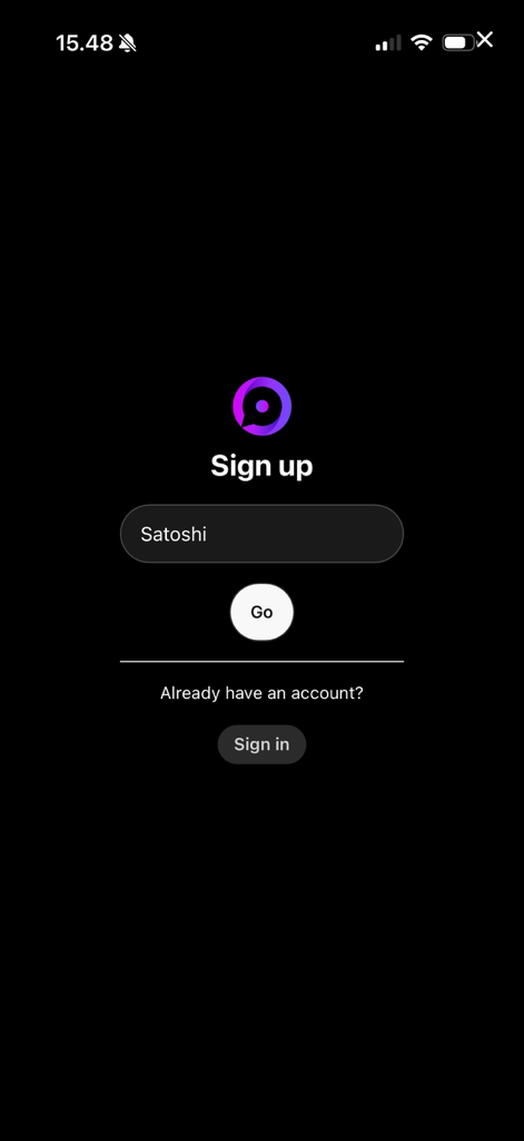 Iris – The Nostr client - Sign up screen for Iris The Nostr client featuring a dark theme and Satoshi as the example username