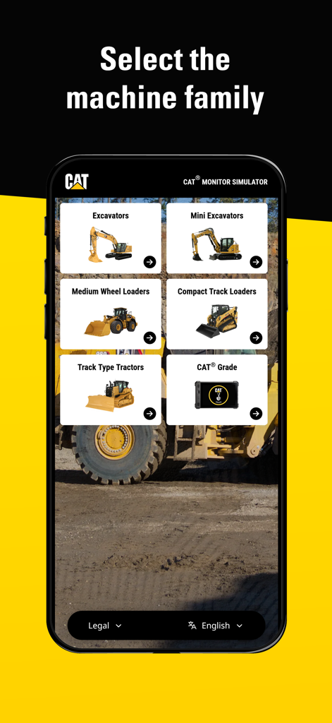 Cat® Monitor Simulator - Interface de l'application simulateur d'écran Cat montrant la sélection de la famille de machines pour les excavatrices et les chargeuses