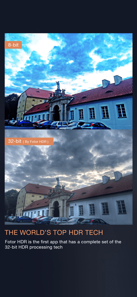 Ein Seitenvergleich, der den Unterschied zwischen 8-Bit- und 32-Bit-HDR-Verarbeitung auf einem Foto eines Gebäudes und eines bewölkten Himmels zeigt.