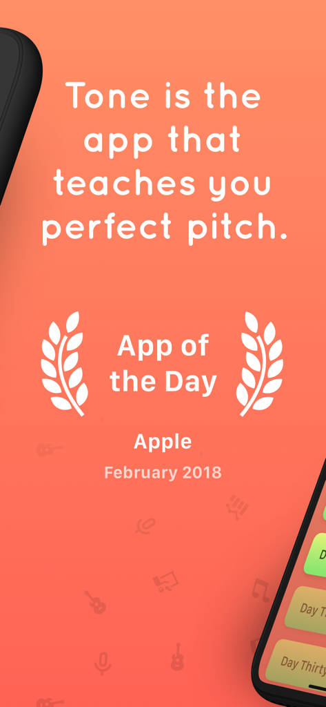 Werbebildschirm der Tone-App mit der Auszeichnung 'Apple App des Tages' für das Training des absoluten Gehörs