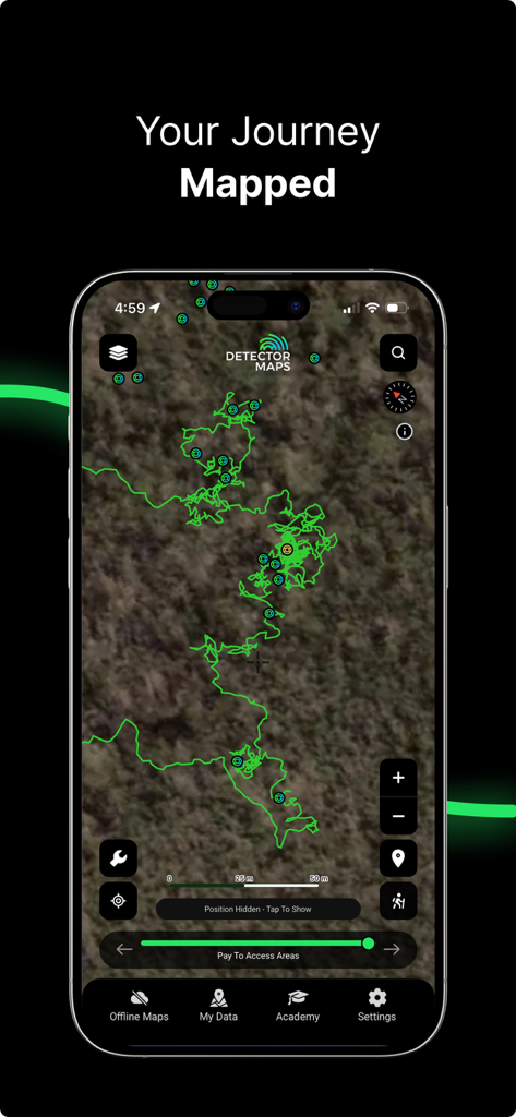 Écran de smartphone montrant un fil d'Ariane vert sur une carte dans l'application de prospection d'or Detector Maps