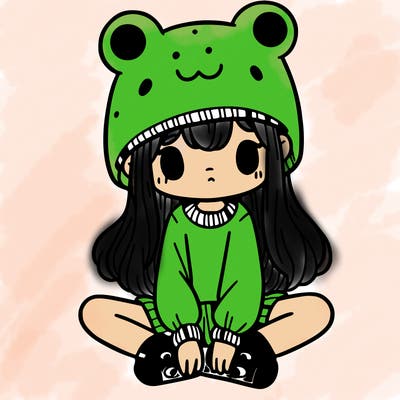 a girl wearing a frog hat and some frog socks