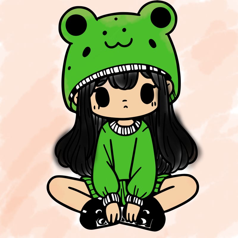 a girl wearing a frog hat and some frog socks