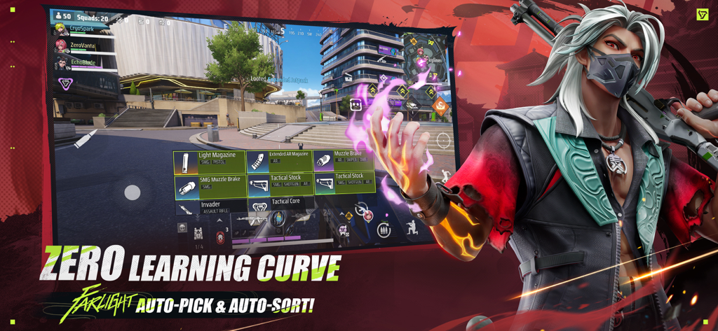 Farlight 84 gameplay showing the auto-pick and auto-sort looting interface