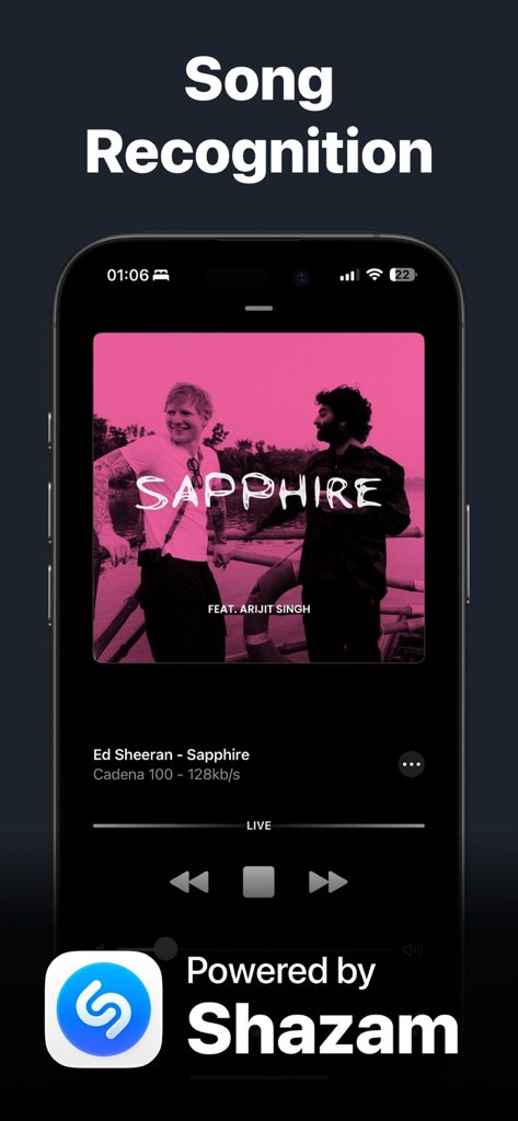Radio Player FM Live X Radddio - Reconocimiento de canciones en tiempo real en la aplicación Radio Player FM, impulsado por Shazam, identificando una canción en radio en vivo.