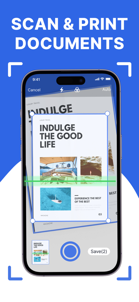 Smart Air Printer: Scan & Edit - Pantalla de iPhone mostrando la interfaz de escaneo de la aplicación Smart Air Printer capturando una página de revista para imprimir.
