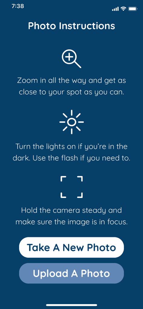 Dermos - Dermos app screen showing photo instructions for taking clear skin lesion pictures with zoom, lighting, and focus tips.