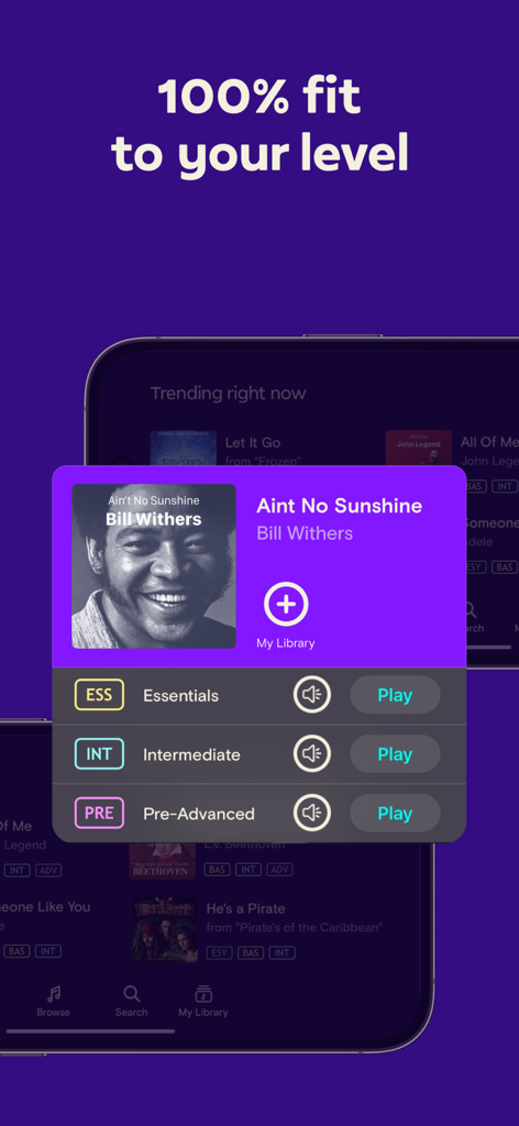 A piano sheet music app interface showing different difficulty levels for a song selection
