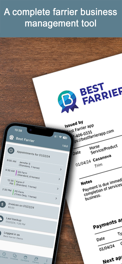 Best Farrier - Best Farrier app displaying an appointment schedule on a smartphone and a printed horse service invoice
