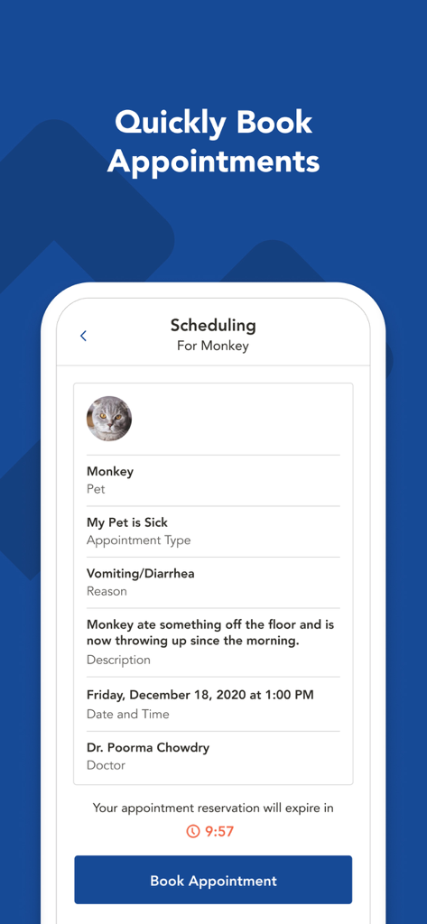 myVCA mobile app interface for booking a veterinary appointment for a pet cat.