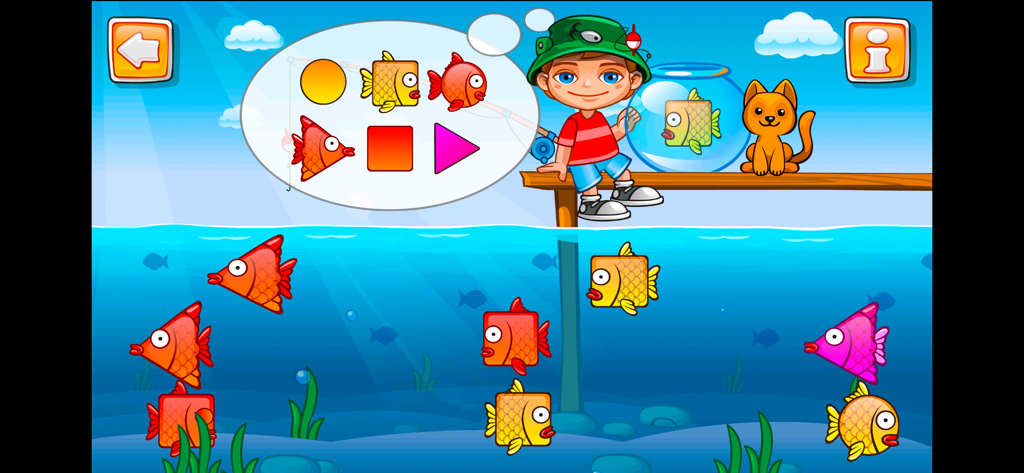 Jack is fishing and sorting fish by shape and color in this educational game for toddlers
