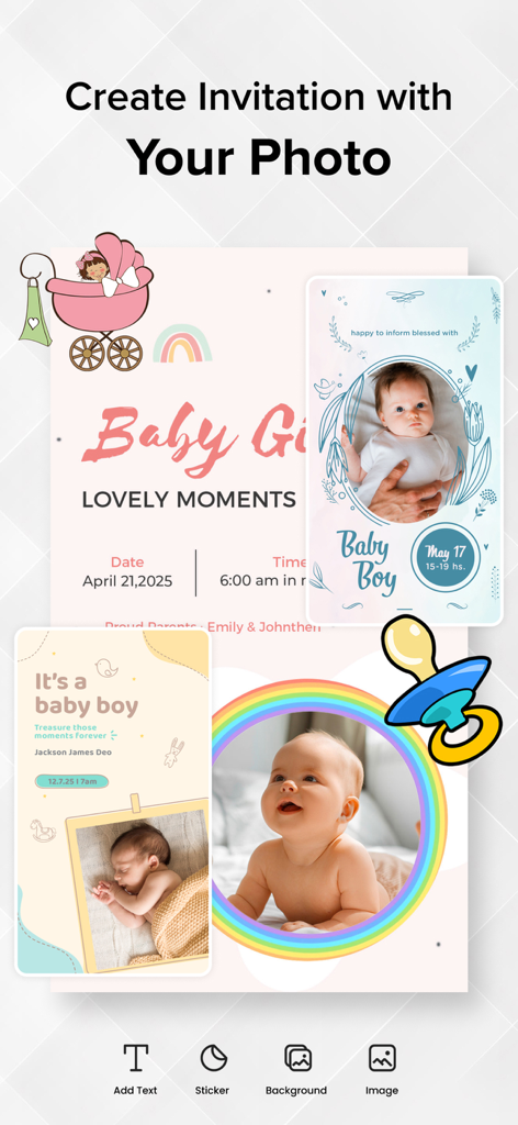 Invitation Maker : Invite Card - Invitation maker app interface showing custom baby boy and girl photo card templates.