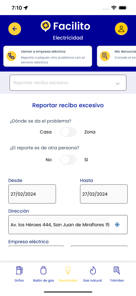 Facilito app interface for reporting an excessive electricity bill