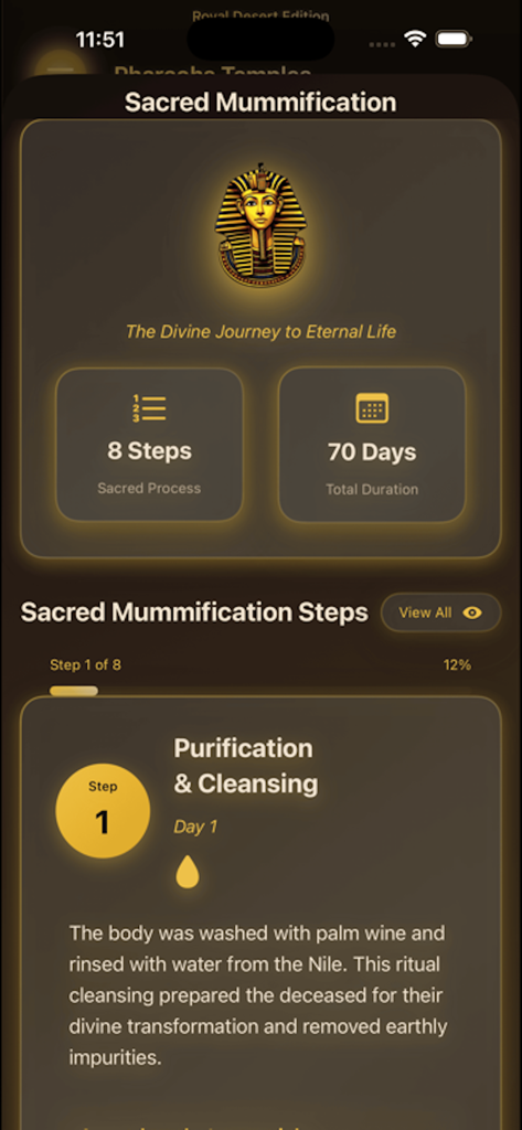 Egyptian-Hieroglyph-AI-Scanner - Educational screen showing the 8 steps and 70-day process of ancient Egyptian mummification.