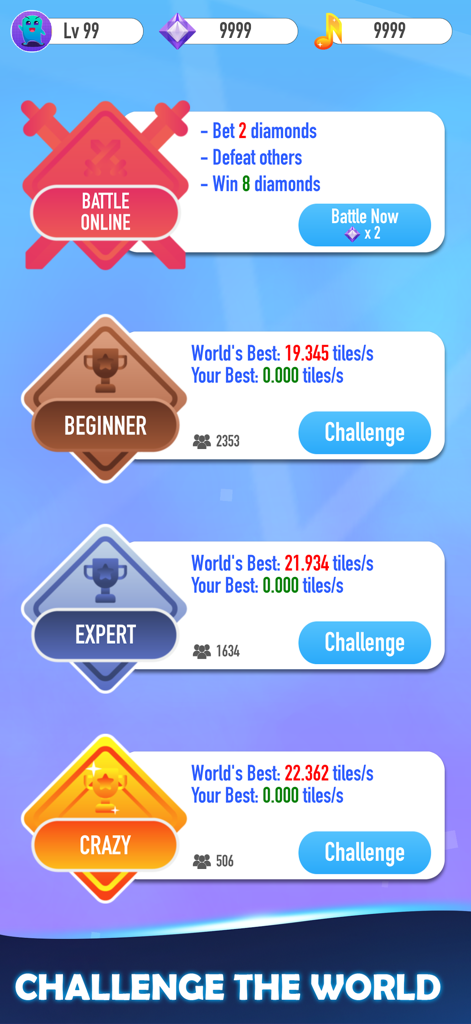 Schermata delle modalità di gioco di Music Tiles 2 che mostra battaglie online e livelli di difficoltà tra cui principiante, esperto e folle
